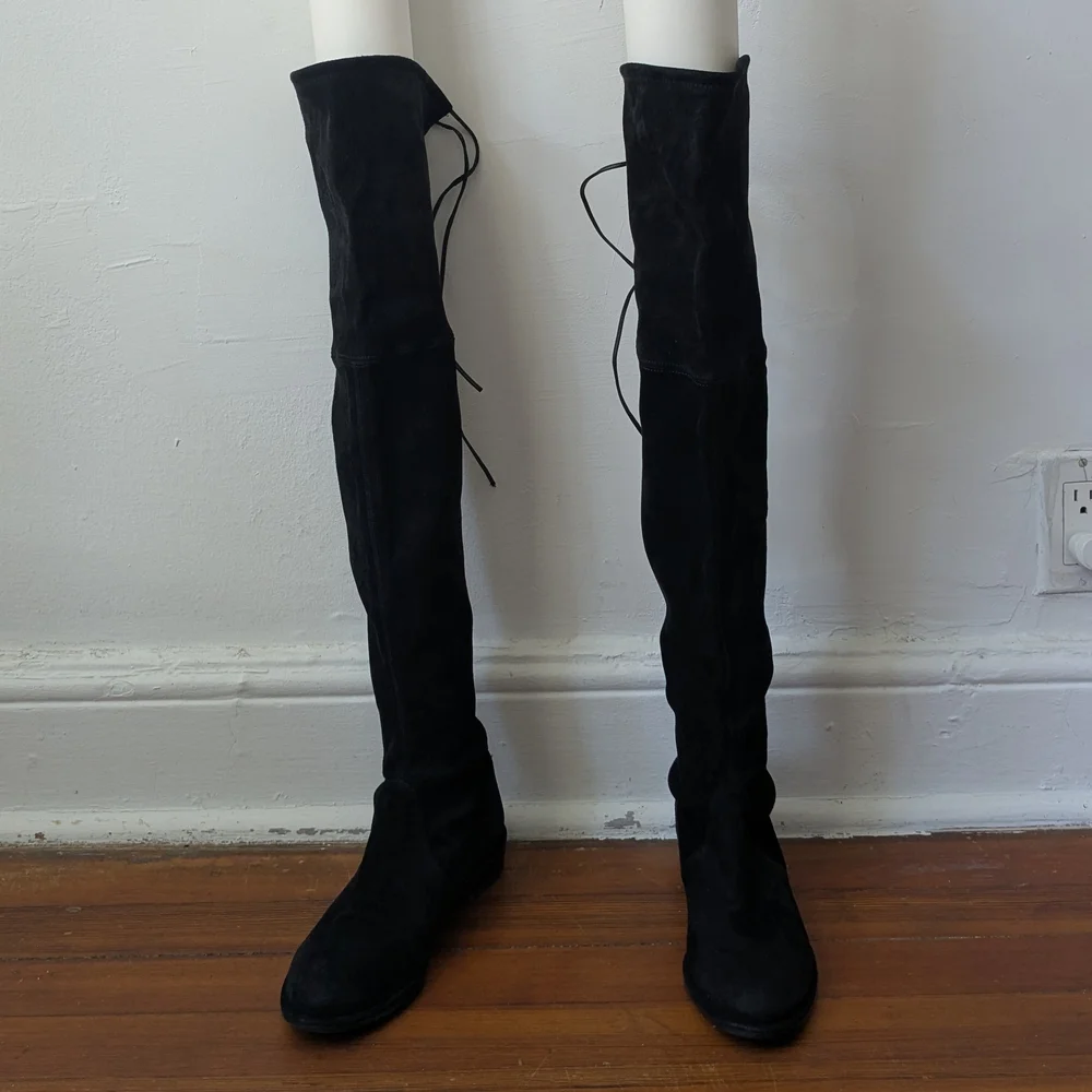 Stuart Weitzman Iconic Black Stretchable Suede Lowland Over-the-Knee Boots